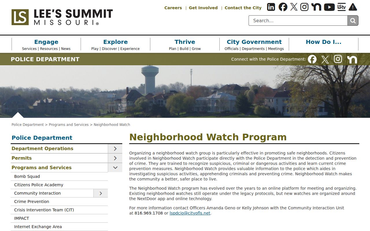 Lee's Summit neighbors Neighborhood Watch program page