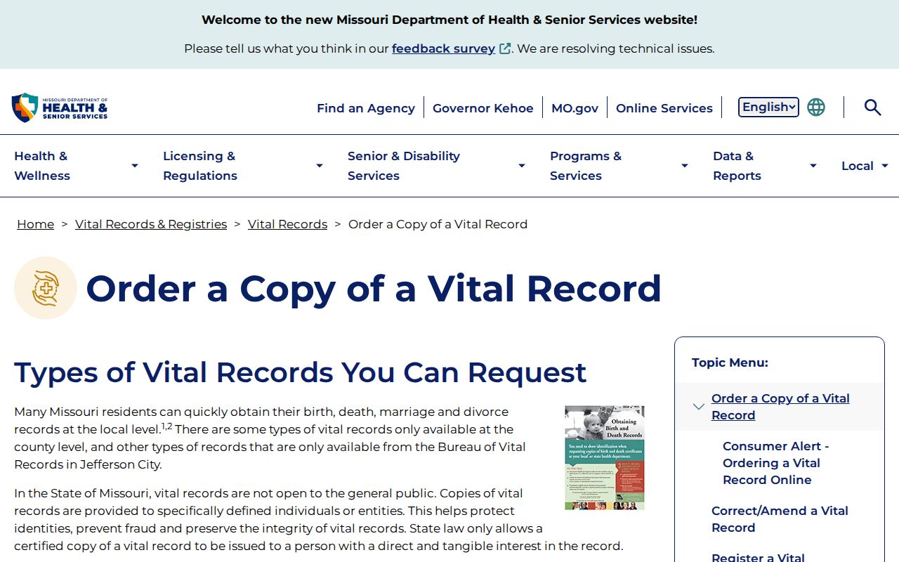 Lee's Summit resident lookup view of Missouri DHSS vital record application and eligibility information