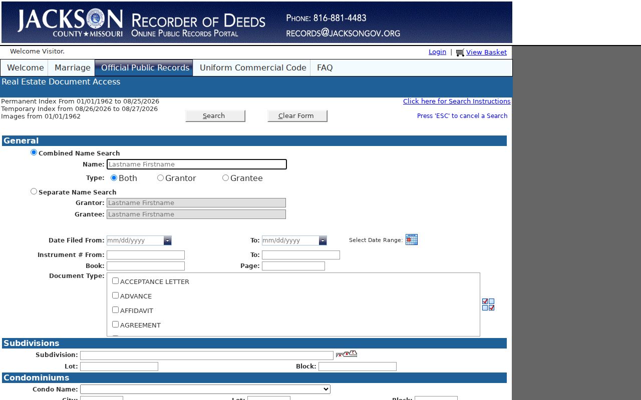 Lee's Summit street directory search in the Jackson County Aumentum real-estate index